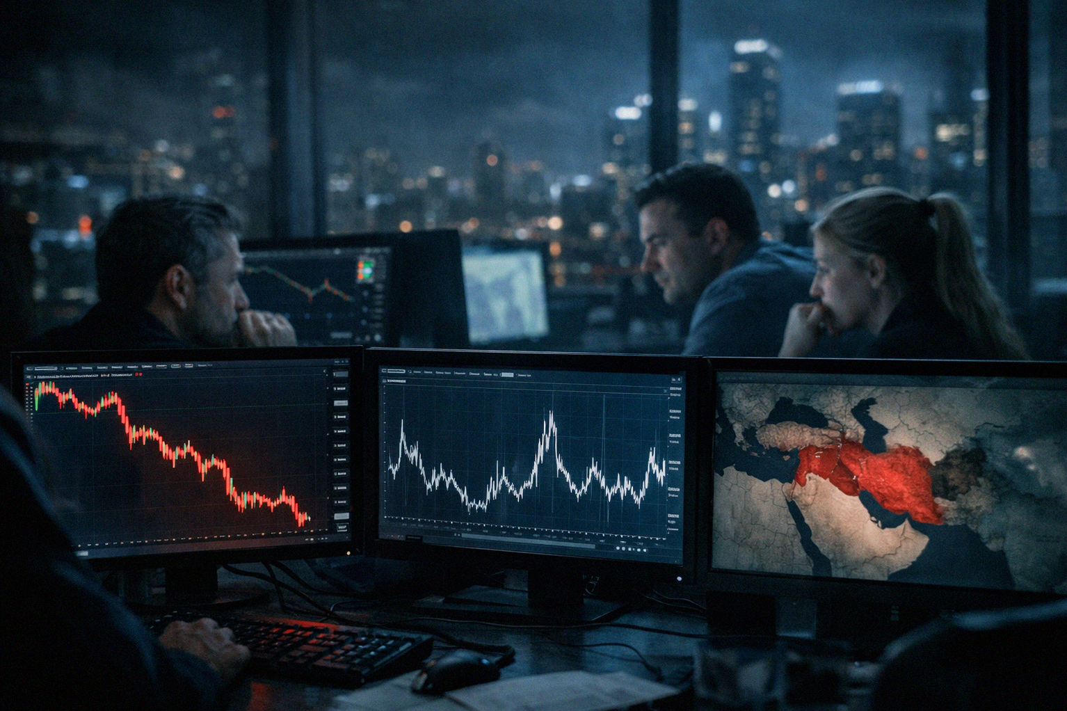 Современный офис финансовых аналитиков с мониторами, показывающими резкие колебания рынка, и сосредоточенными специалистами на фоне ночного мегаполиса.