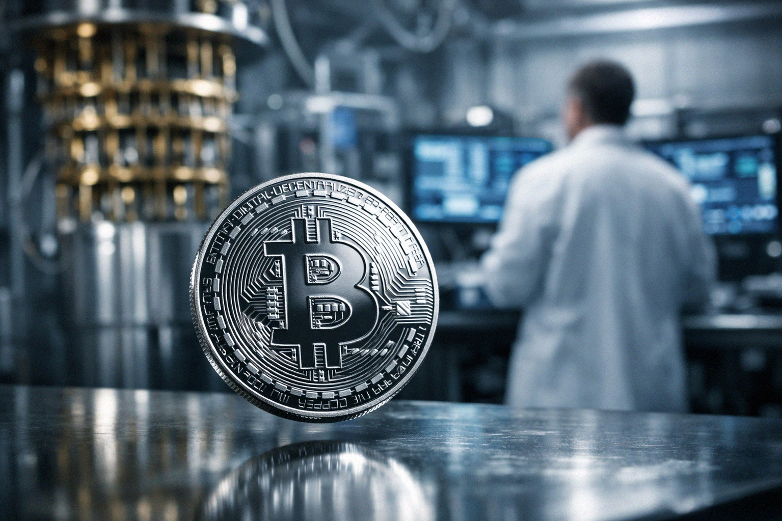 На столе лежит серебристый физический биткойн, а на заднем плане видна размытая лаборатория с квантовым оборудованием и исследователем.