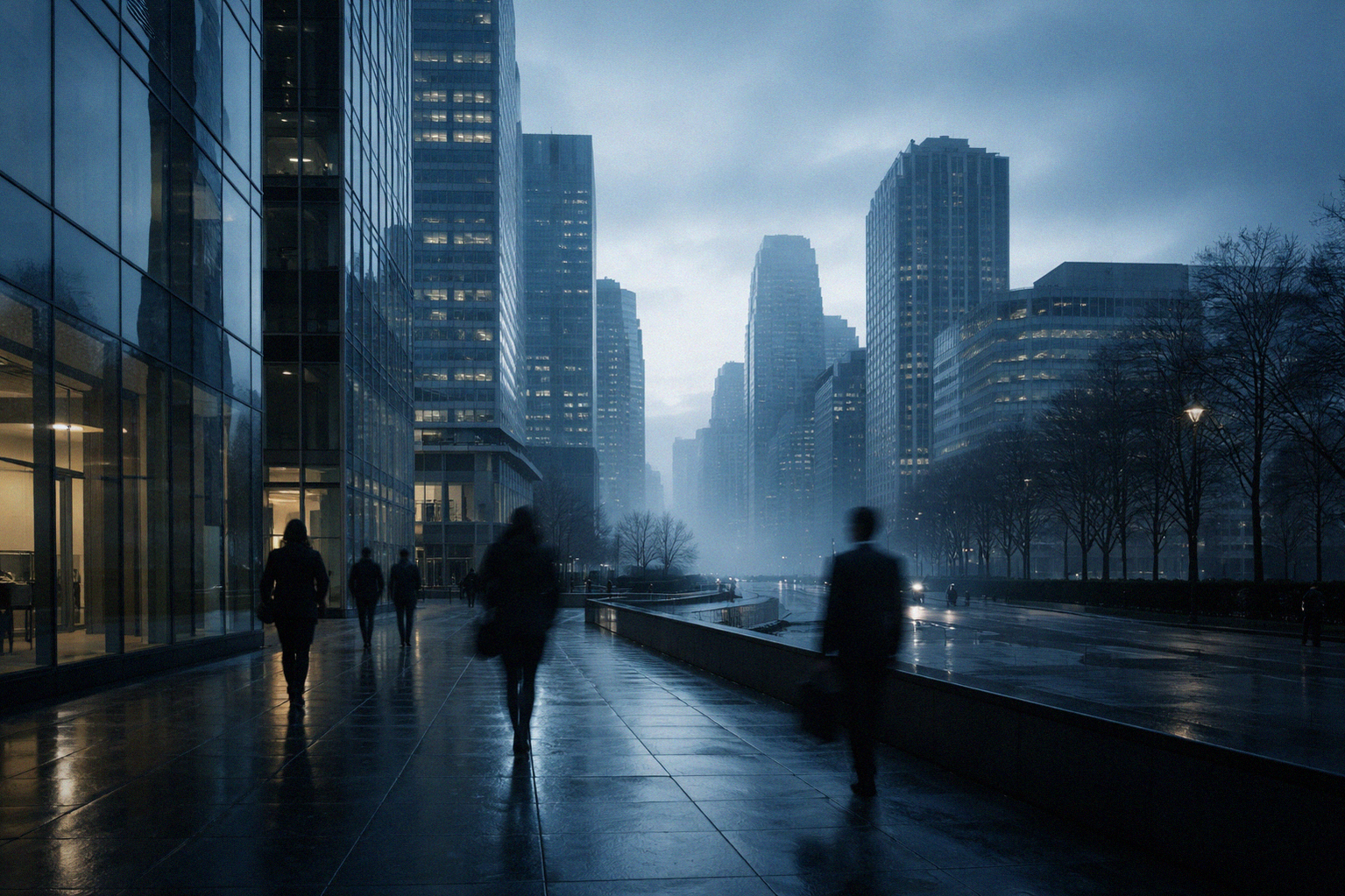 Современный деловой квартал на рассвете, стеклянные небоскрёбы отражают свет, улицы пустые, создавая атмосферу перемен и неопределённости.