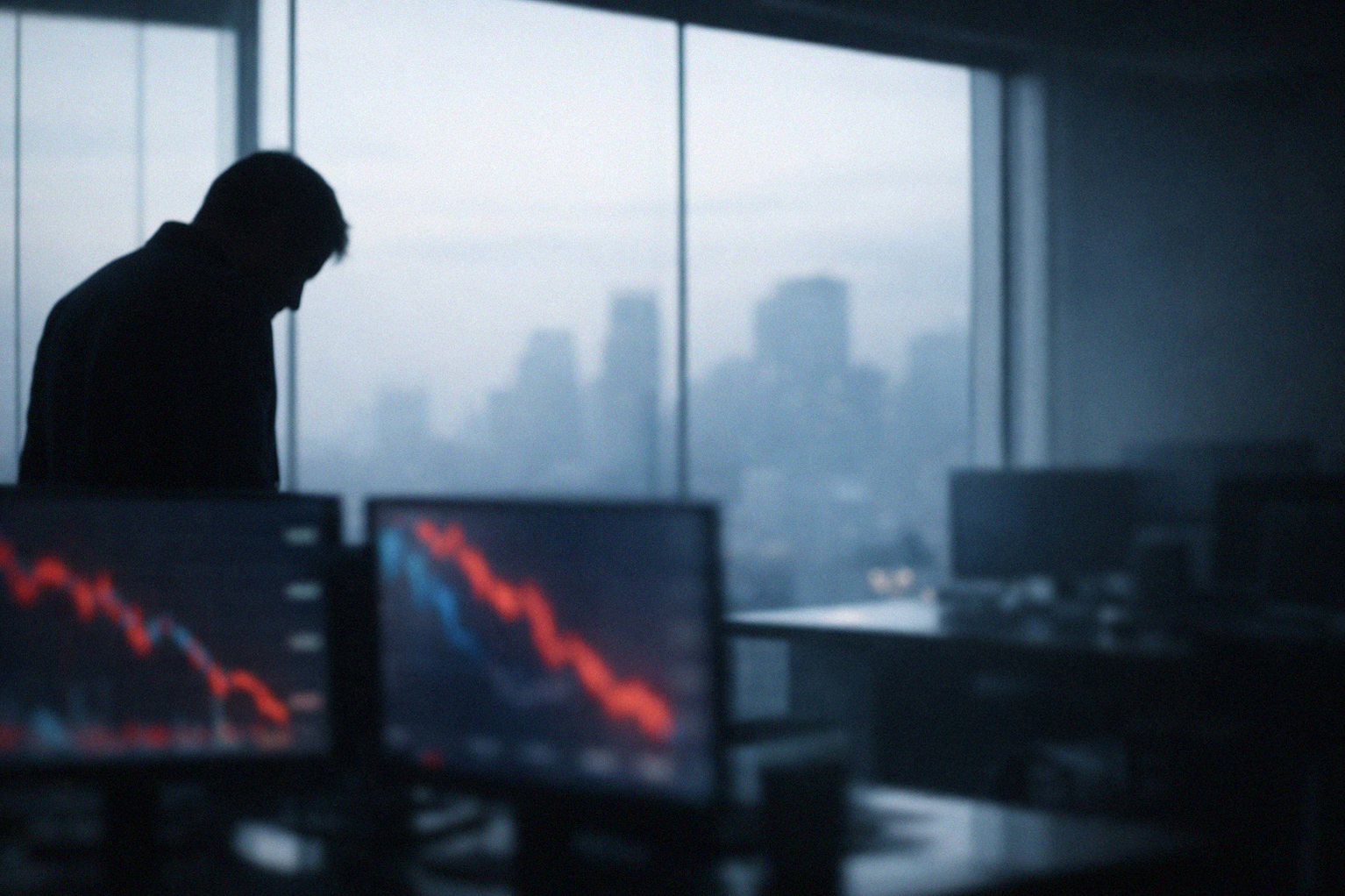 Современный офис на утреннем свете, силуэт человека у окна смотрит на туманную городскую панораму, создавая атмосферу ожидания и неопределенности.