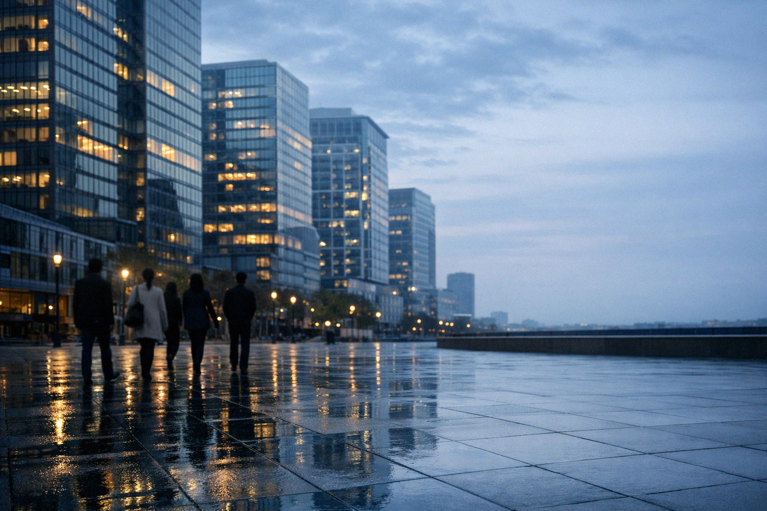 Современный офисный квартал ранним утром с расфокусированной группой людей, мягкий свет и отражения на мокрой плитке создают атмосферу спокойствия.