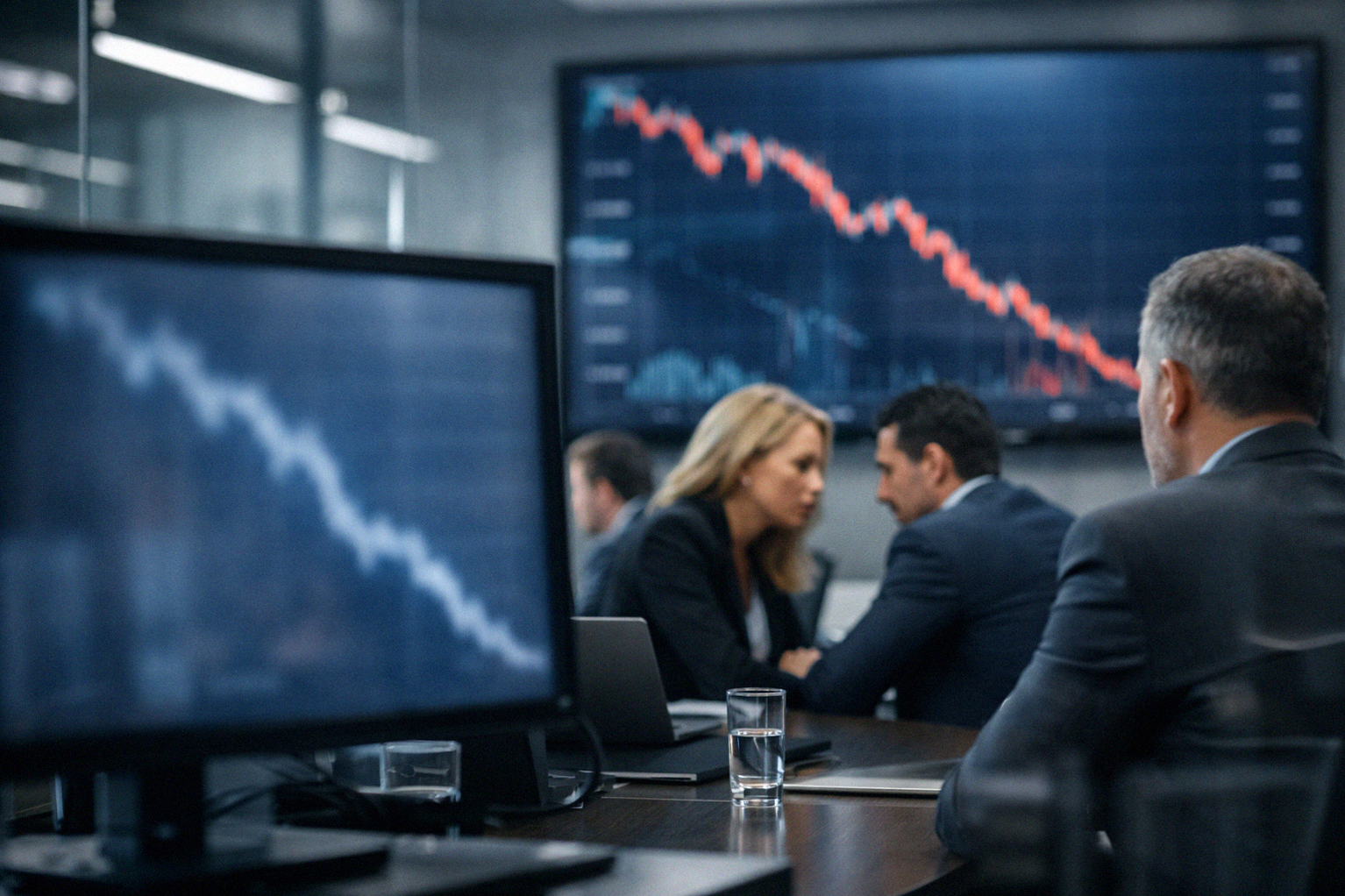 Современный офисный конференц-зал с мониторами, отображающими графики падения финансовых рынков, люди в деловых костюмах обсуждают ситуацию.